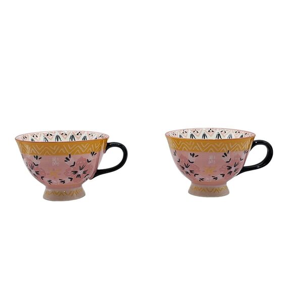 Bloom Pottery Set of 2 Pedestal Ceramic Tea Cups Coffee Mug Hand-Painted Floral - Picture 15 of 16
